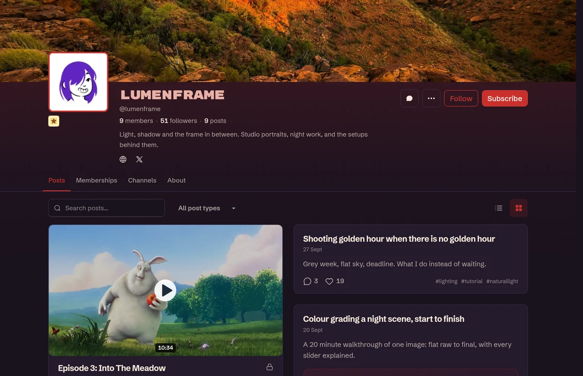 Folloverse creator page with a profile banner and published work